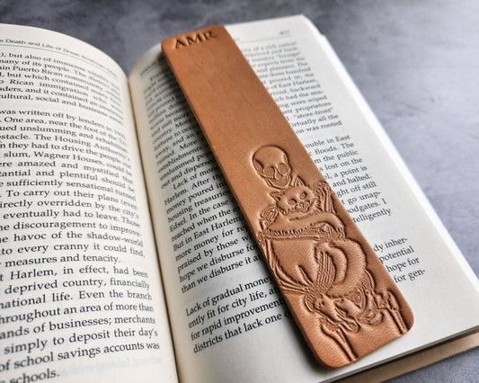 Custom Leather Bookmark with Skeleton Reading Holding a Cat & Initials or Date