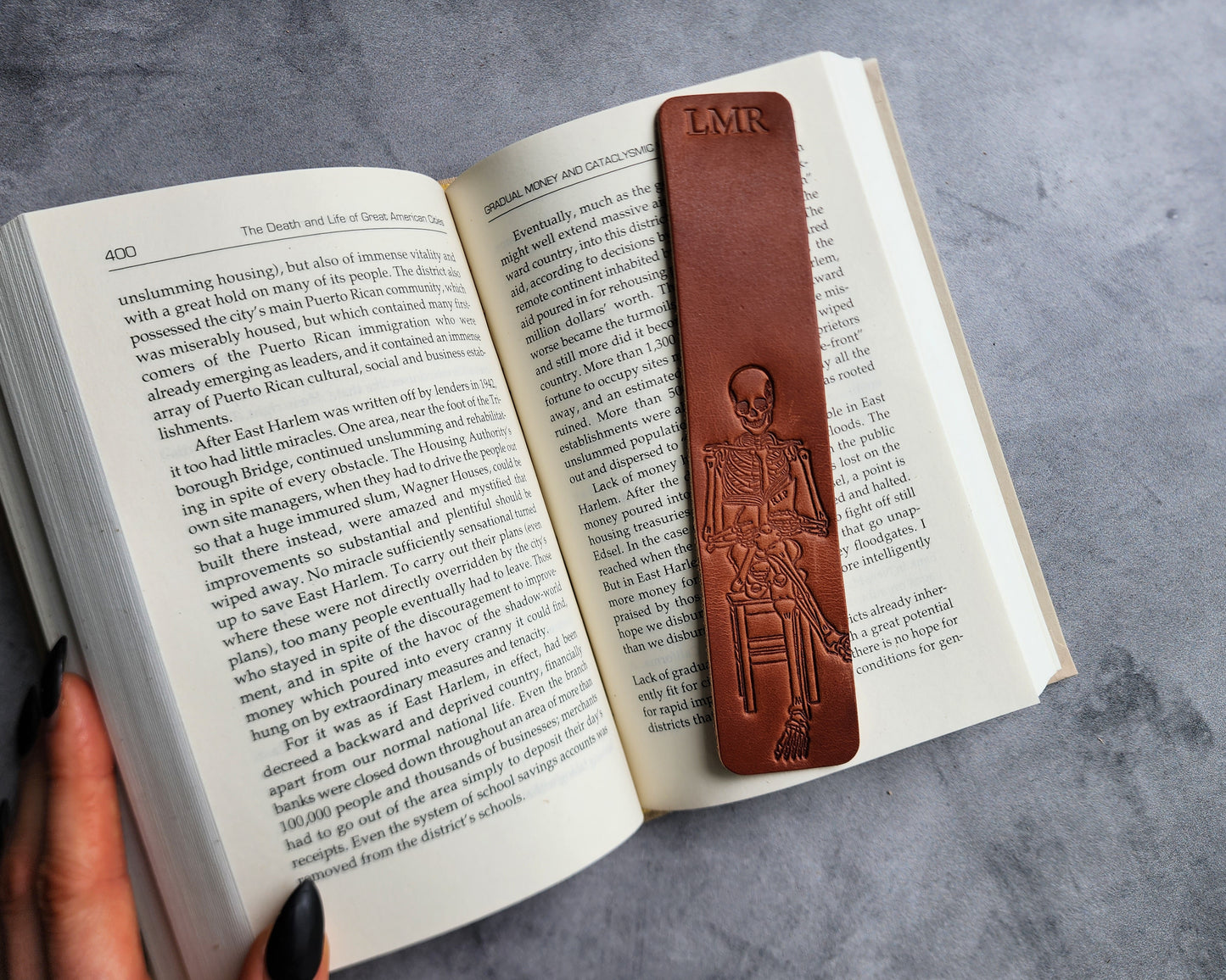 Personalized Leather Bookmark with Skeleton Reading a Book + Custom Initials or Date