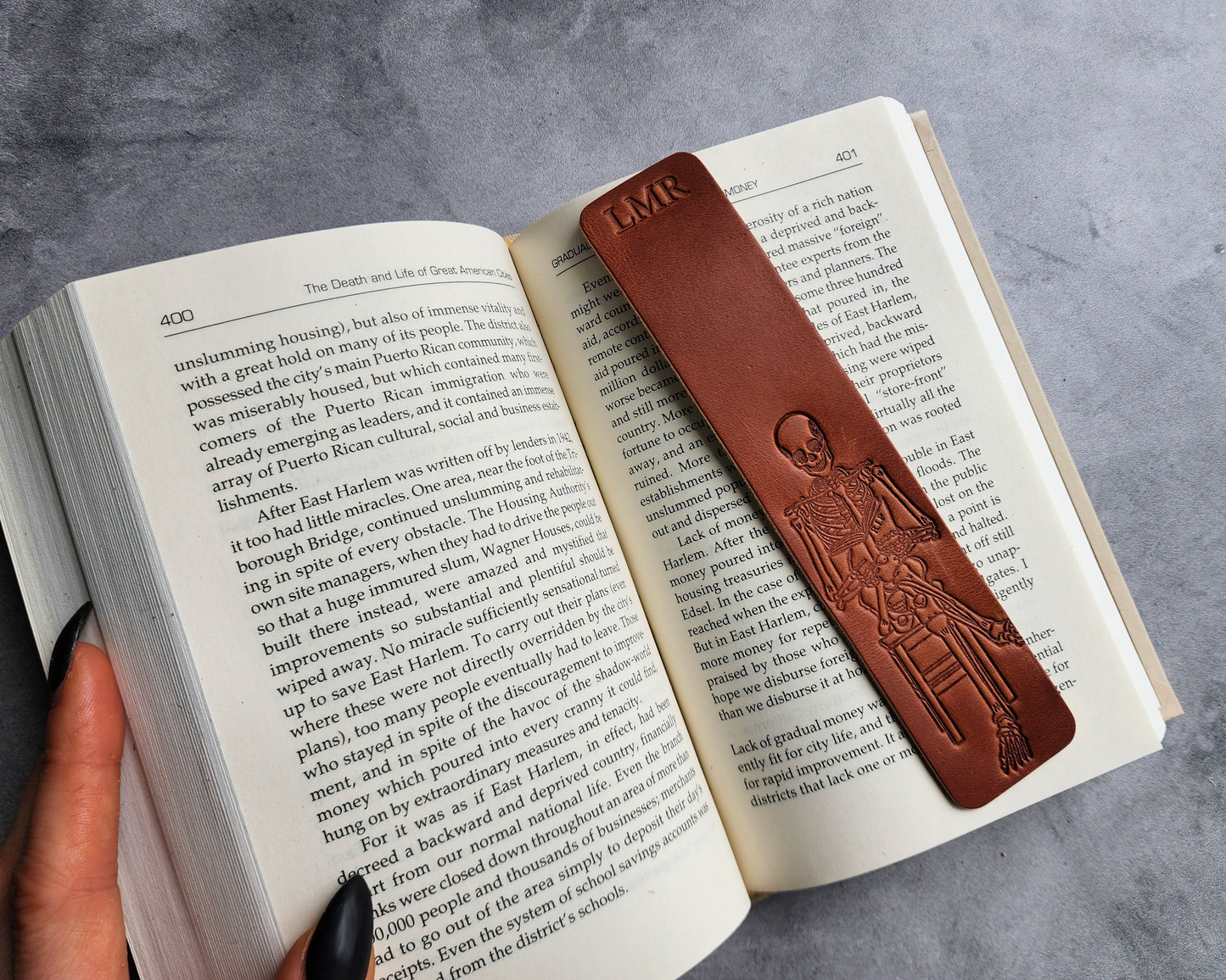 Personalized Leather Bookmark with Skeleton Reading a Book + Custom Initials or Date