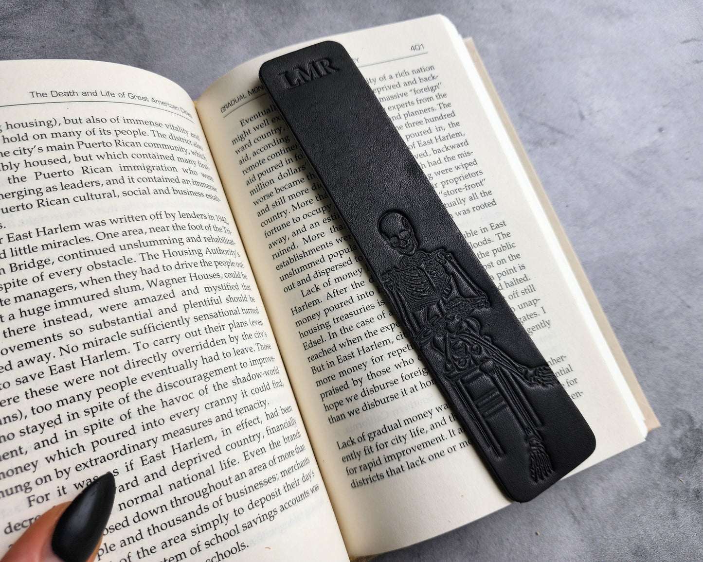 Personalized Leather Bookmark with Skeleton Reading a Book + Custom Initials or Date