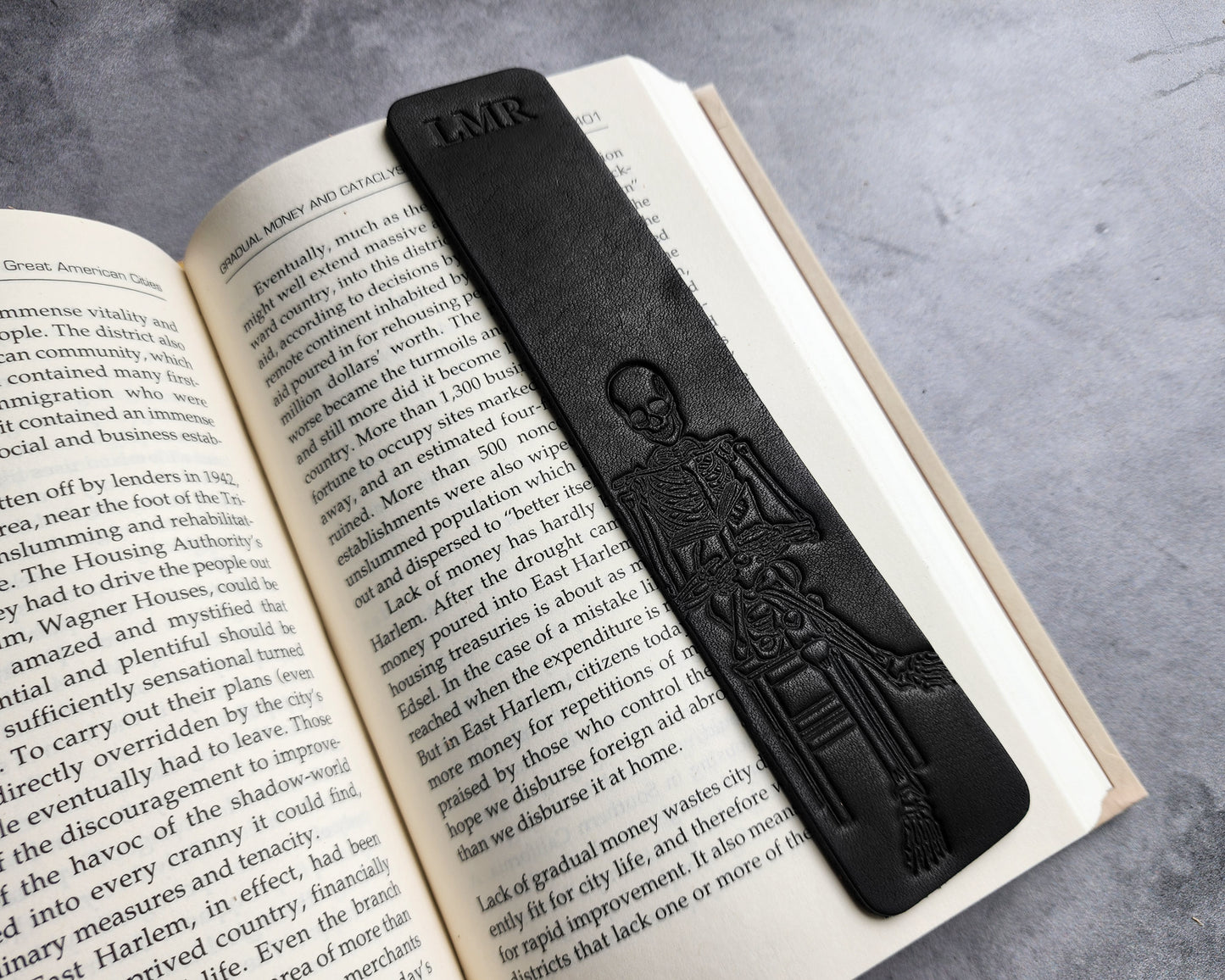 Personalized Leather Bookmark with Skeleton Reading a Book + Custom Initials or Date