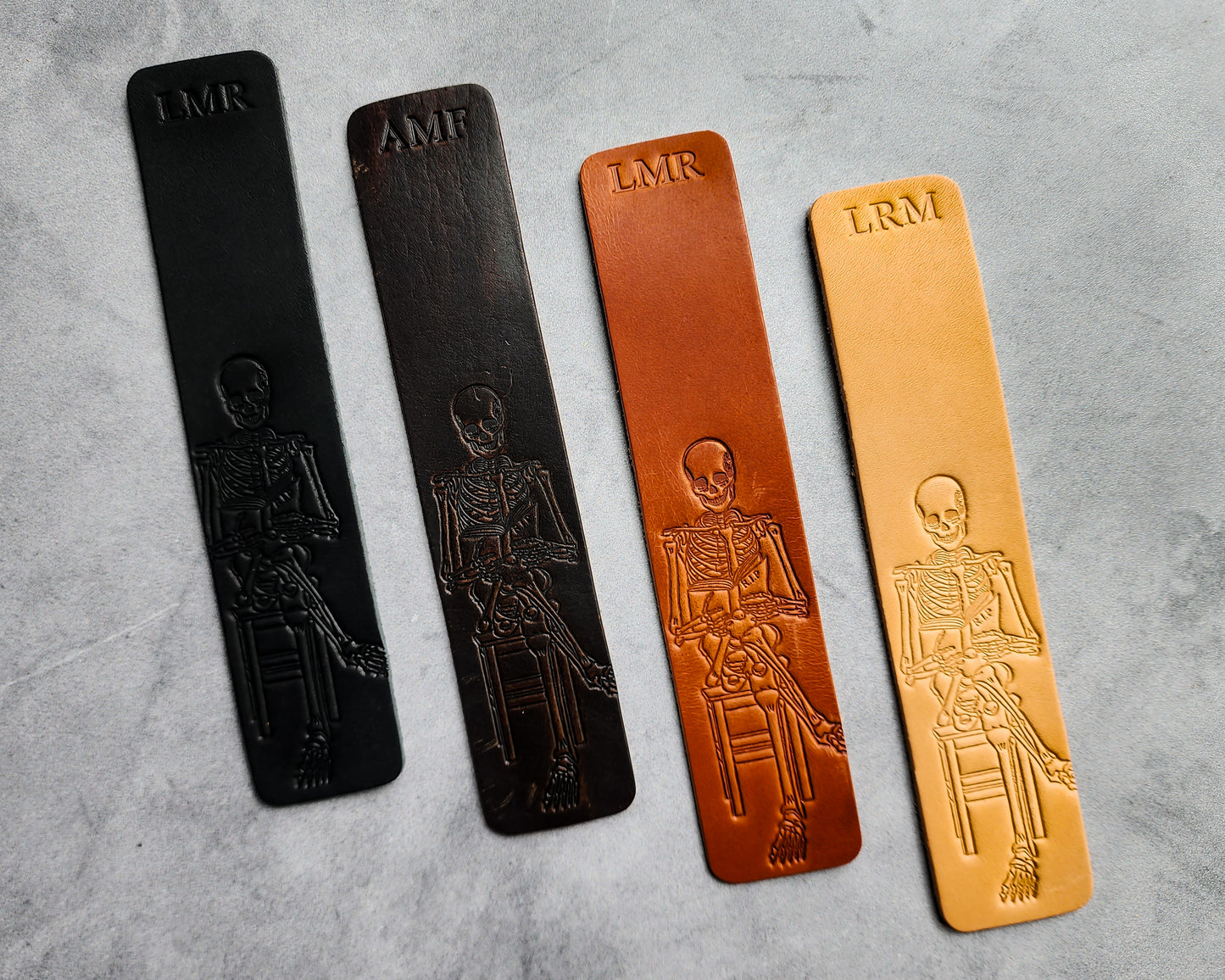 Personalized Leather Bookmark with Skeleton Reading a Book + Custom Initials or Date