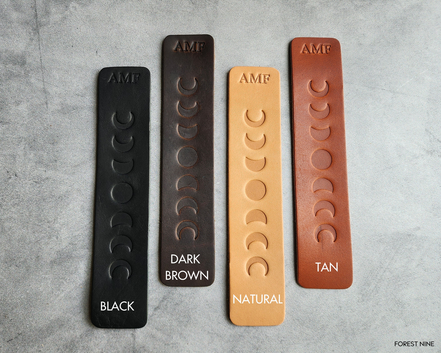 Personalized Leather Bookmark with Moon Phases and Custom Initials or Date