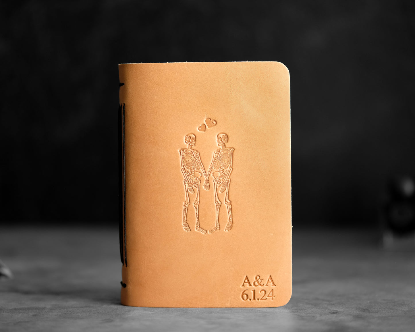 Personalized Leather Journal with Skeleton Couple  - Black