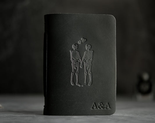 Personalized Leather Journal with Skeleton Couple  - Black