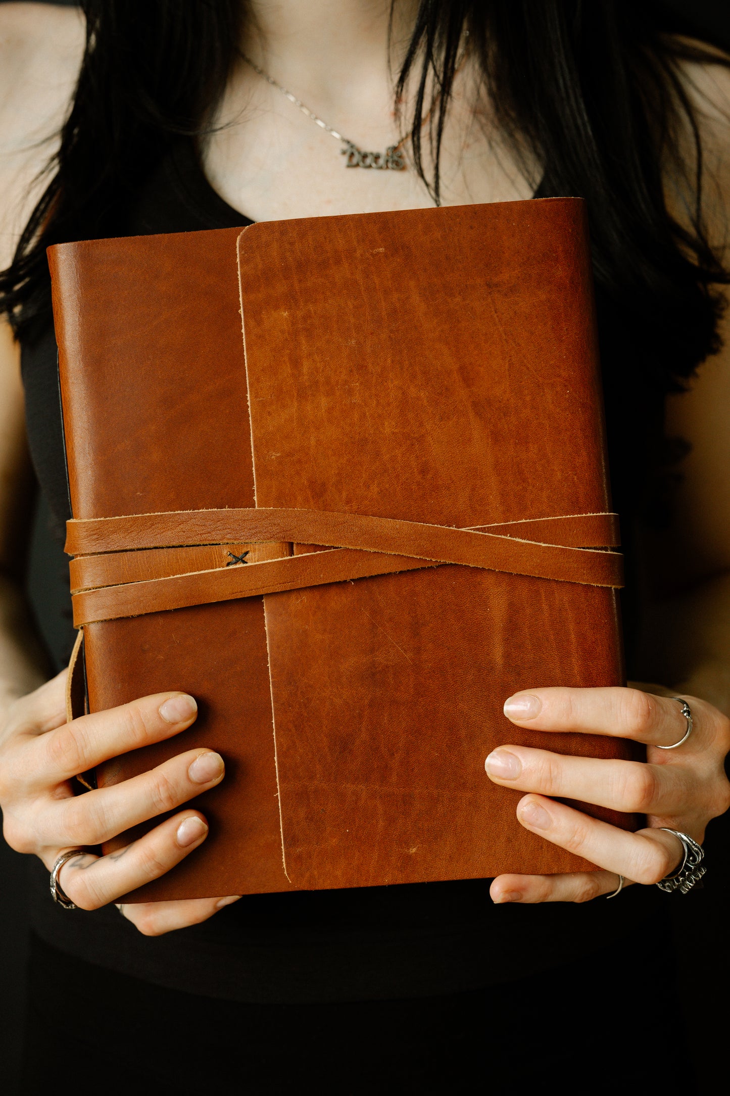 Personalized Leather Journal - Dark Brown with wrap closure